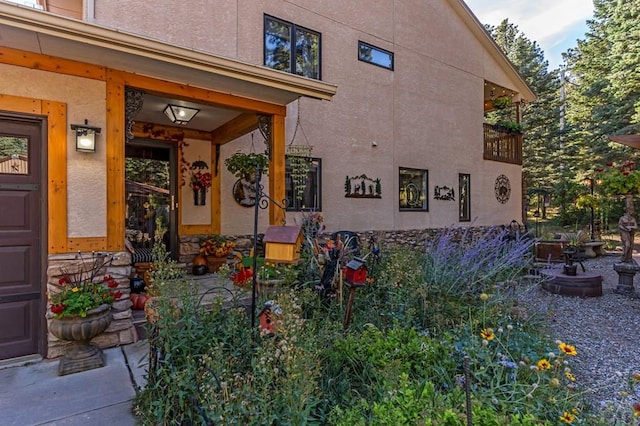 entrance to property featuring stucco siding