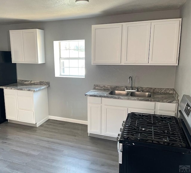 kitchen with stainless steel range with gas cooktop, white cabinetry, a sink, and wood finished floors