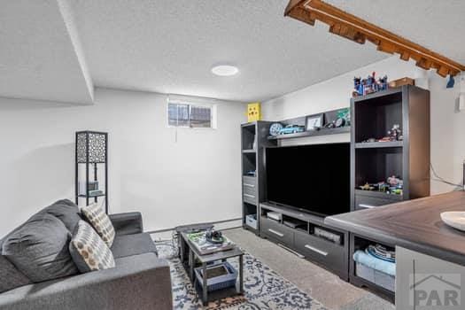 living area featuring a textured ceiling and carpet flooring