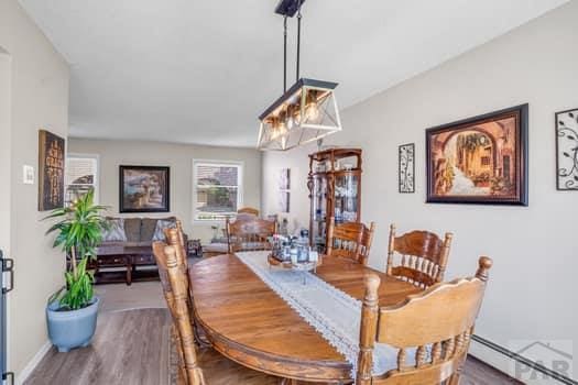 dining room with a baseboard heating unit, wood finished floors, and baseboards