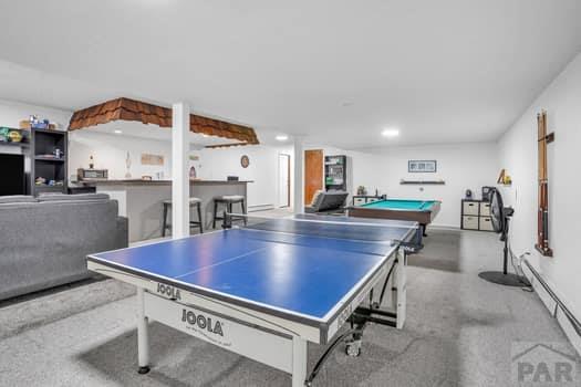 playroom featuring a baseboard heating unit, billiards, and recessed lighting