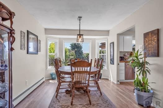 dining room with baseboard heating, plenty of natural light, and wood finished floors