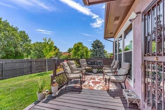 deck featuring a fenced backyard and a yard