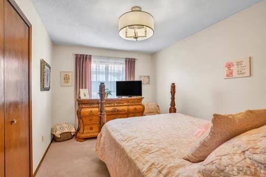 bedroom featuring light carpet and a closet