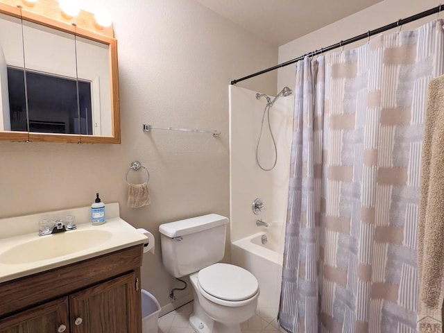 bathroom with shower / bath combo, toilet, tile patterned flooring, and vanity