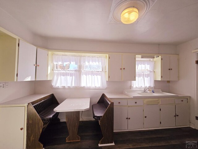 kitchen featuring dark wood-style floors, light countertops, a sink, and white cabinetry