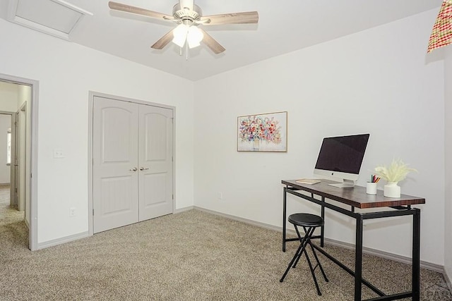 2221 Cliffmoor Ln, Pueblo, CO 81008 - office area with carpet floors, ceiling fan, baseboards, and attic access