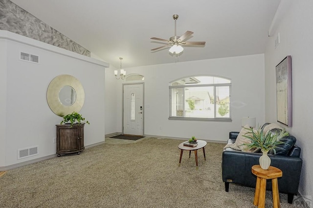 2221 Cliffmoor Ln, Pueblo, CO 81008 - living area featuring lofted ceiling, carpet, a chandelier, baseboards, and ceiling fan