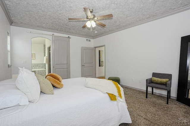 2221 Cliffmoor Ln, Pueblo, CO 81008 - bedroom with arched walkways, ornamental molding, carpet, a textured ceiling, and a ceiling fan