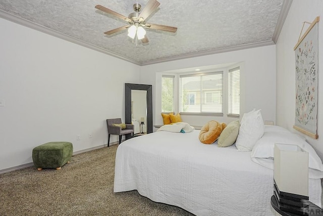 2221 Cliffmoor Ln, Pueblo, CO 81008 - carpeted bedroom featuring a textured ceiling, crown molding, ceiling fan, and baseboards
