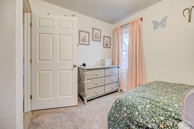 bedroom featuring carpet, a textured ceiling, and a textured wall