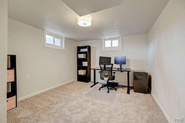 carpeted office featuring a healthy amount of sunlight, baseboards, and a textured ceiling