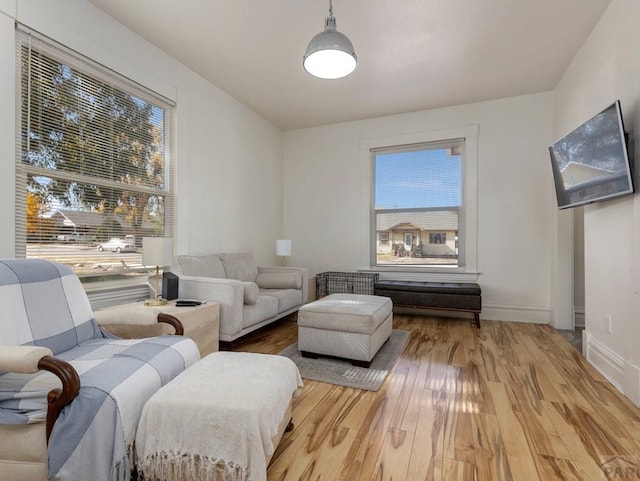 living room with light wood-type flooring and baseboards