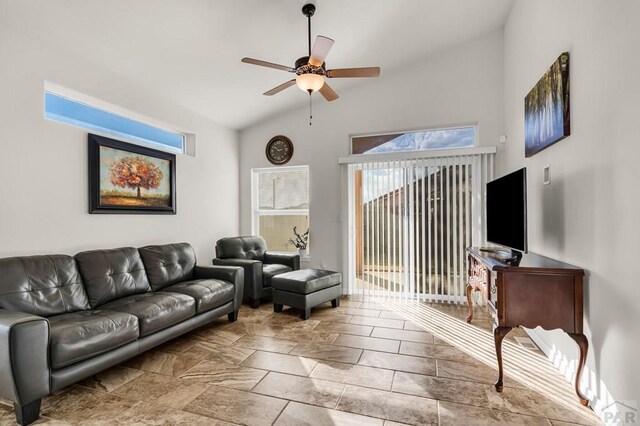 living room with vaulted ceiling and ceiling fan