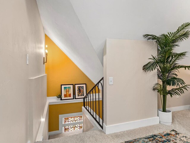 staircase with carpet floors and baseboards