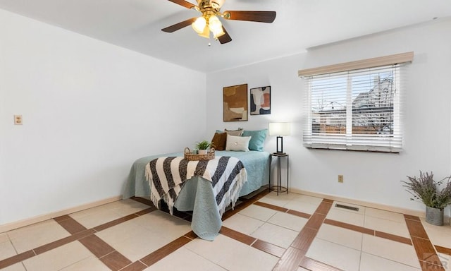 bedroom with visible vents, baseboards, ceiling fan, and tile patterned floors