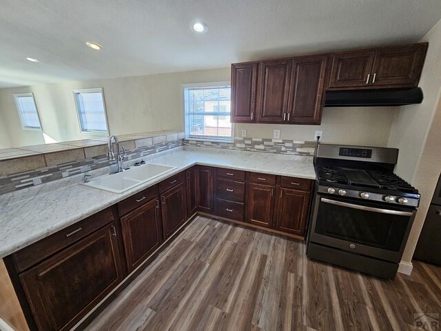 kitchen featuring decorative backsplash, wood finished floors, under cabinet range hood, a sink, and gas stove