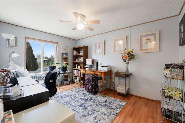 office area featuring light wood-type flooring, crown molding, a textured ceiling, and a ceiling fan