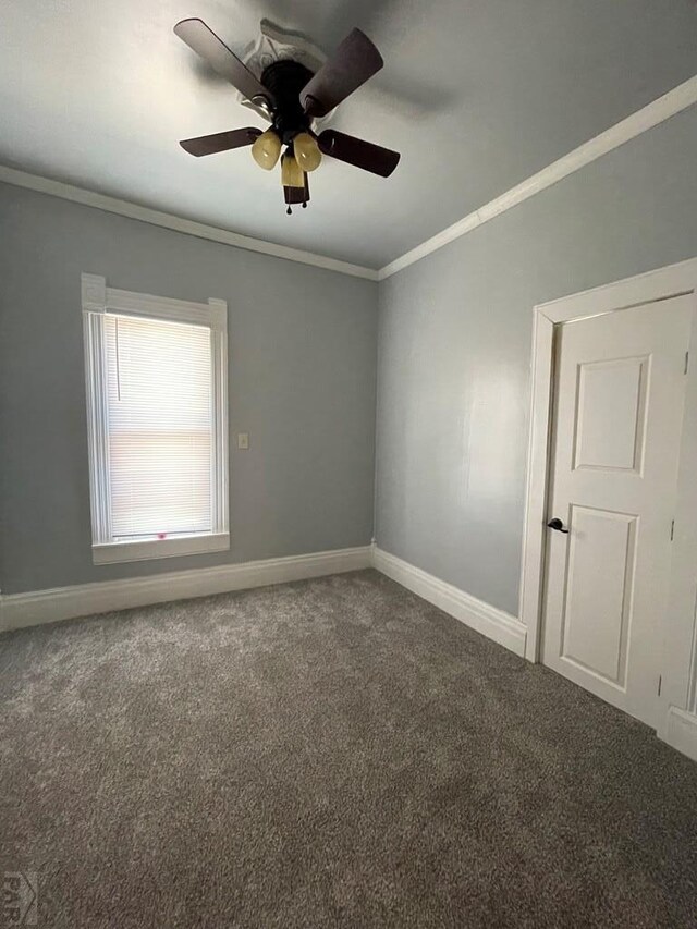 carpeted spare room with a ceiling fan, crown molding, and baseboards