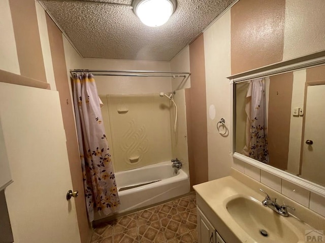 bathroom with a textured ceiling, tasteful backsplash, shower / bath combo with shower curtain, and vanity