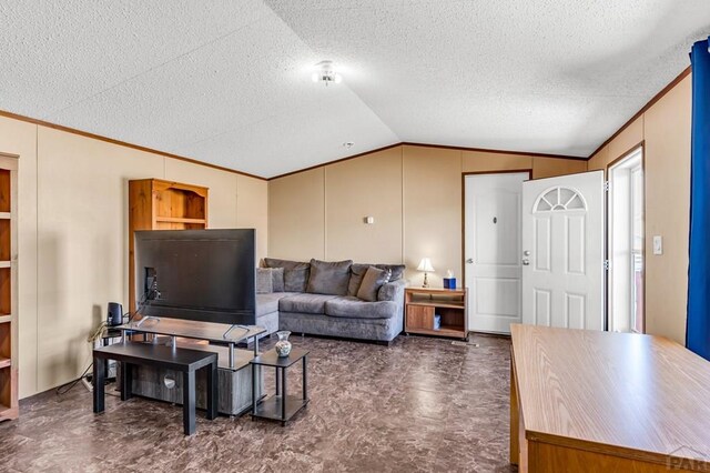 living area featuring lofted ceiling, a textured ceiling, and ornamental molding