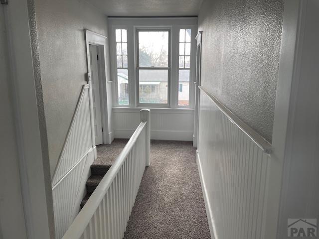 hallway featuring a textured wall, wainscoting, and carpet flooring