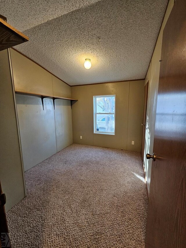 unfurnished bedroom with carpet, vaulted ceiling, and a textured ceiling