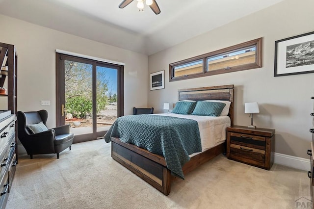 bedroom with baseboards, a ceiling fan, access to exterior, and light carpet