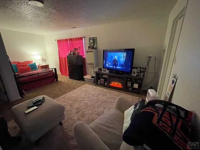 living room featuring a textured ceiling and carpet