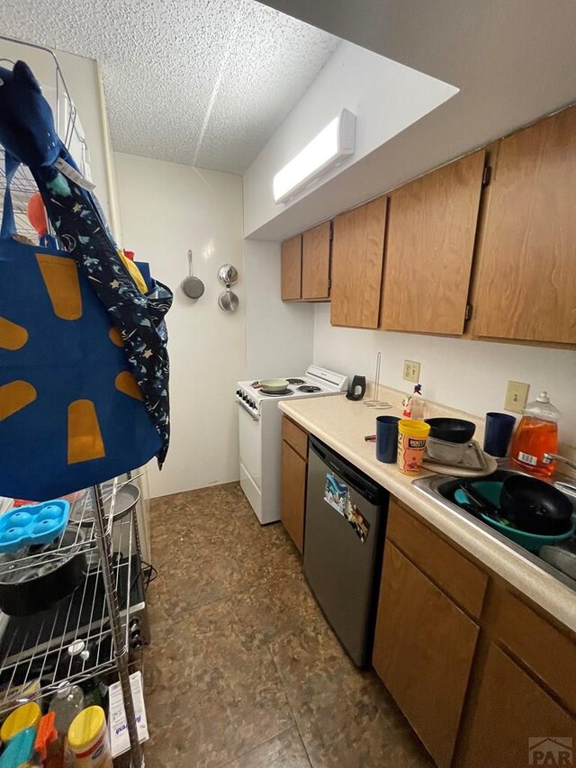 kitchen with white range with electric stovetop, light countertops, stainless steel dishwasher, brown cabinetry, and a sink