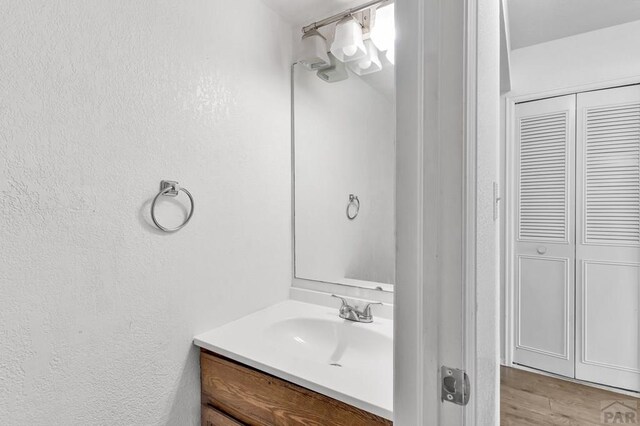 bathroom with a closet, wood finished floors, and vanity