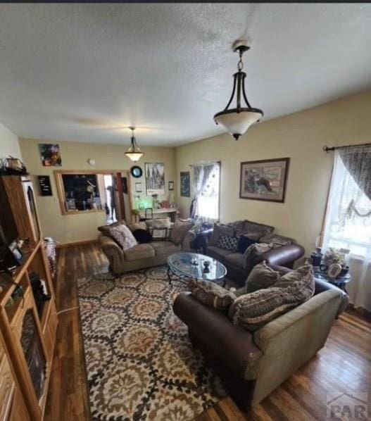 living area with a textured ceiling and wood finished floors