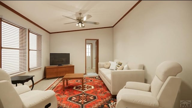 carpeted living room featuring vaulted ceiling, a healthy amount of sunlight, and crown molding