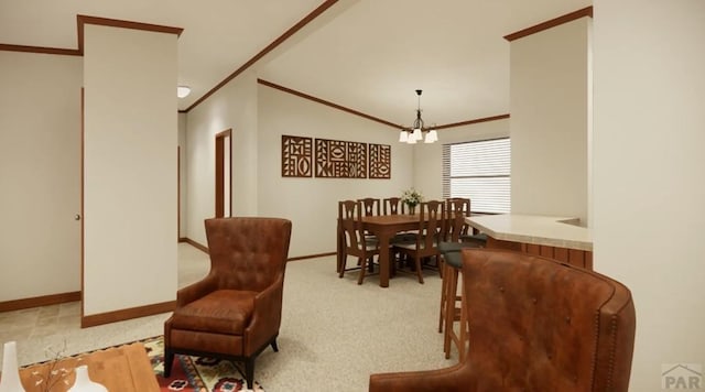 dining area with a notable chandelier, baseboards, crown molding, and light colored carpet