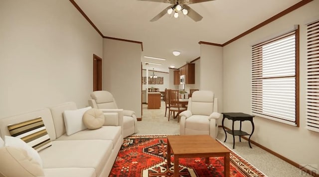 living room featuring crown molding, baseboards, ceiling fan, and carpet flooring