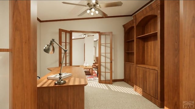 office area with light carpet, ornamental molding, a ceiling fan, and french doors