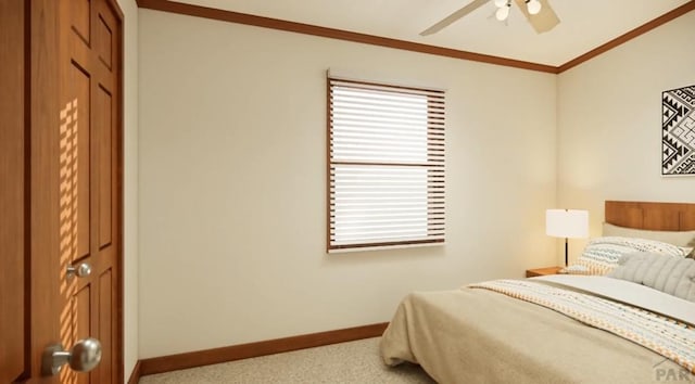 bedroom featuring baseboards, a ceiling fan, crown molding, carpet flooring, and a closet