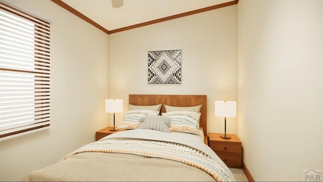 bedroom with a ceiling fan and crown molding