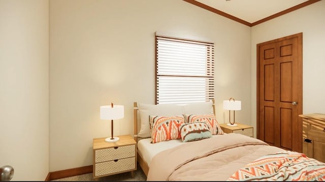 bedroom with ornamental molding and baseboards