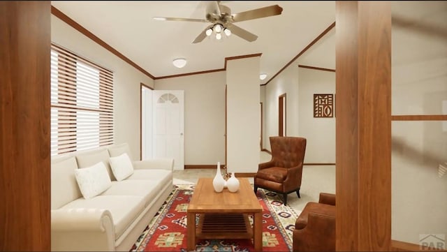 living room featuring baseboards, ornamental molding, and a ceiling fan