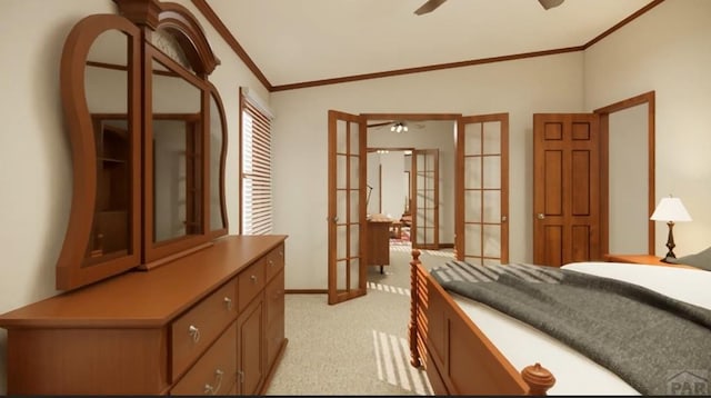 bedroom featuring french doors, crown molding, light carpet, vaulted ceiling, and baseboards