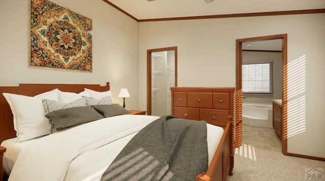 bedroom featuring ornamental molding, light colored carpet, and ensuite bathroom