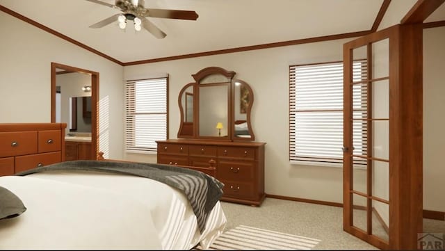 bedroom featuring lofted ceiling, ceiling fan, light colored carpet, baseboards, and crown molding