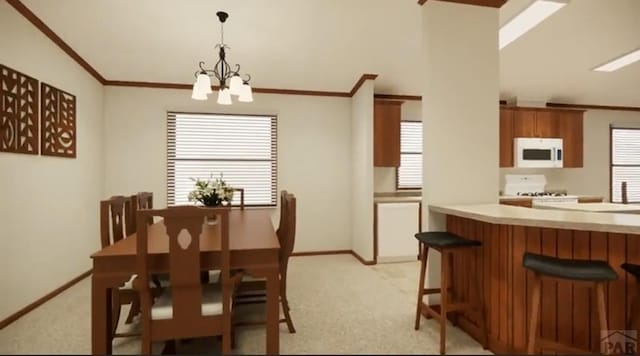 dining area with light carpet, ornamental molding, baseboards, and a notable chandelier