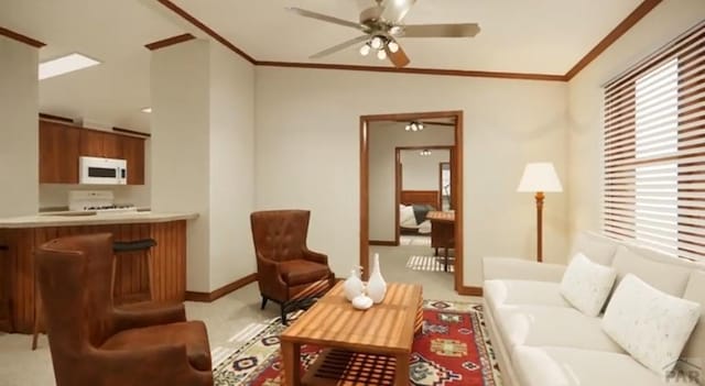 living room featuring a ceiling fan, light colored carpet, crown molding, and baseboards