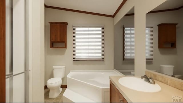 full bath featuring a garden tub, toilet, ornamental molding, vaulted ceiling, and vanity