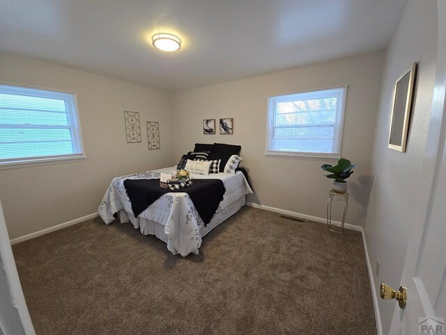 bedroom with dark colored carpet, multiple windows, and baseboards