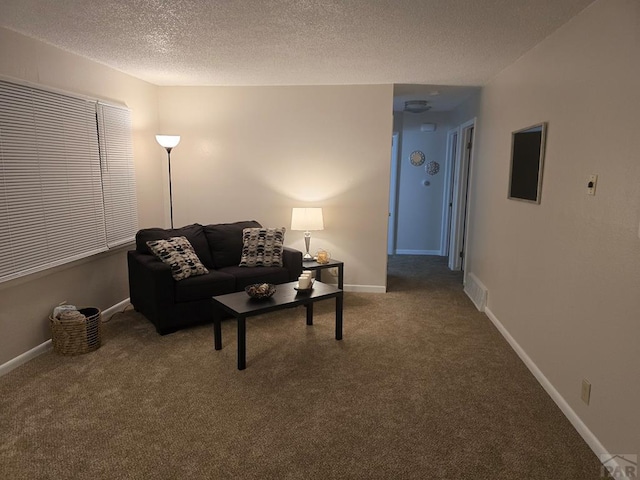 carpeted living area featuring a textured ceiling and baseboards