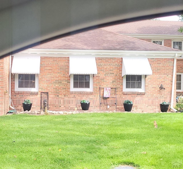 back of property with a yard, brick siding, and a shingled roof