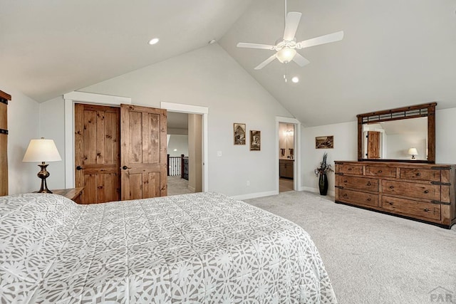 carpeted bedroom featuring a ceiling fan, high vaulted ceiling, baseboards, and recessed lighting